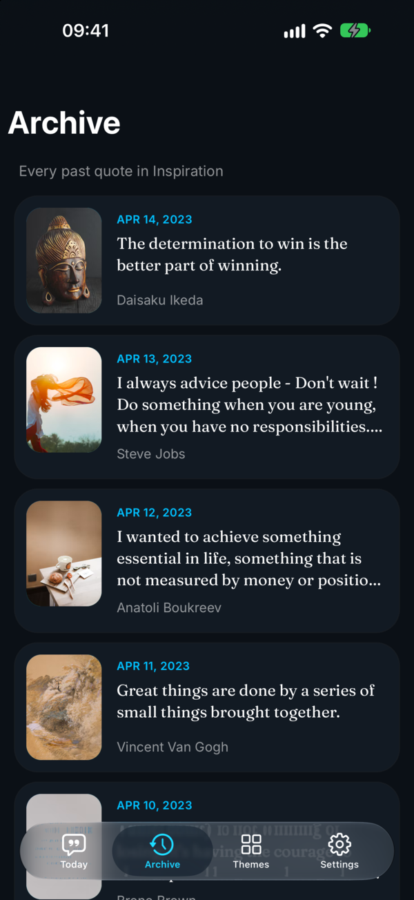 BeWise Archive screen listing past daily quotes