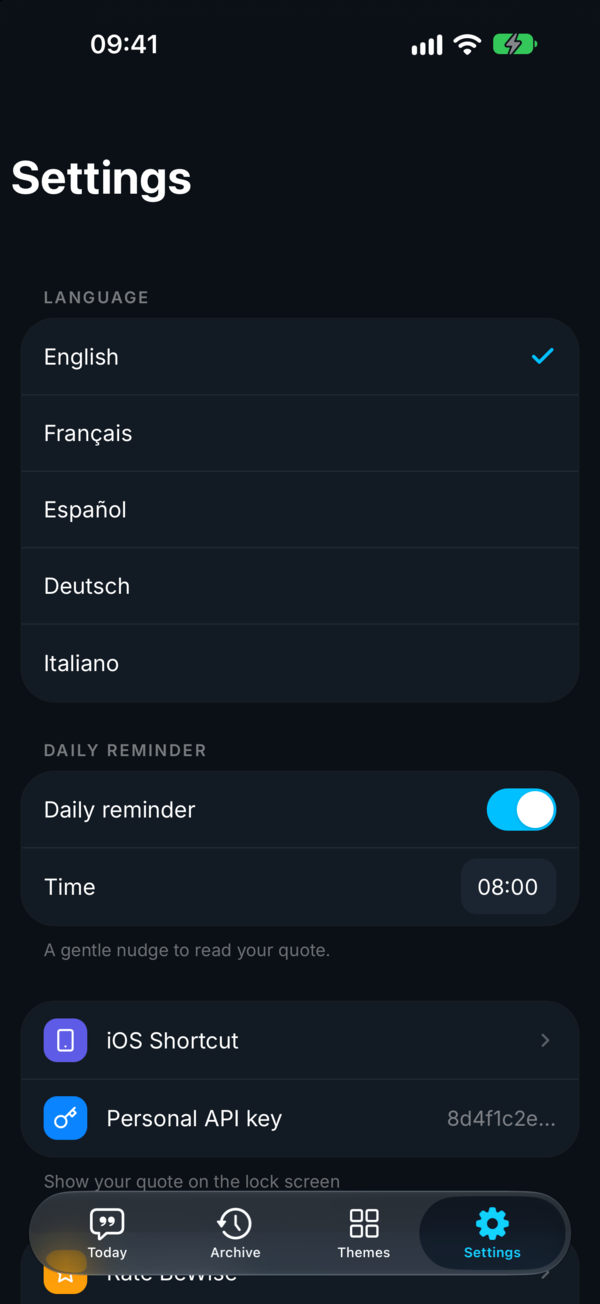 BeWise Settings screen with language, reminder and shortcut options
