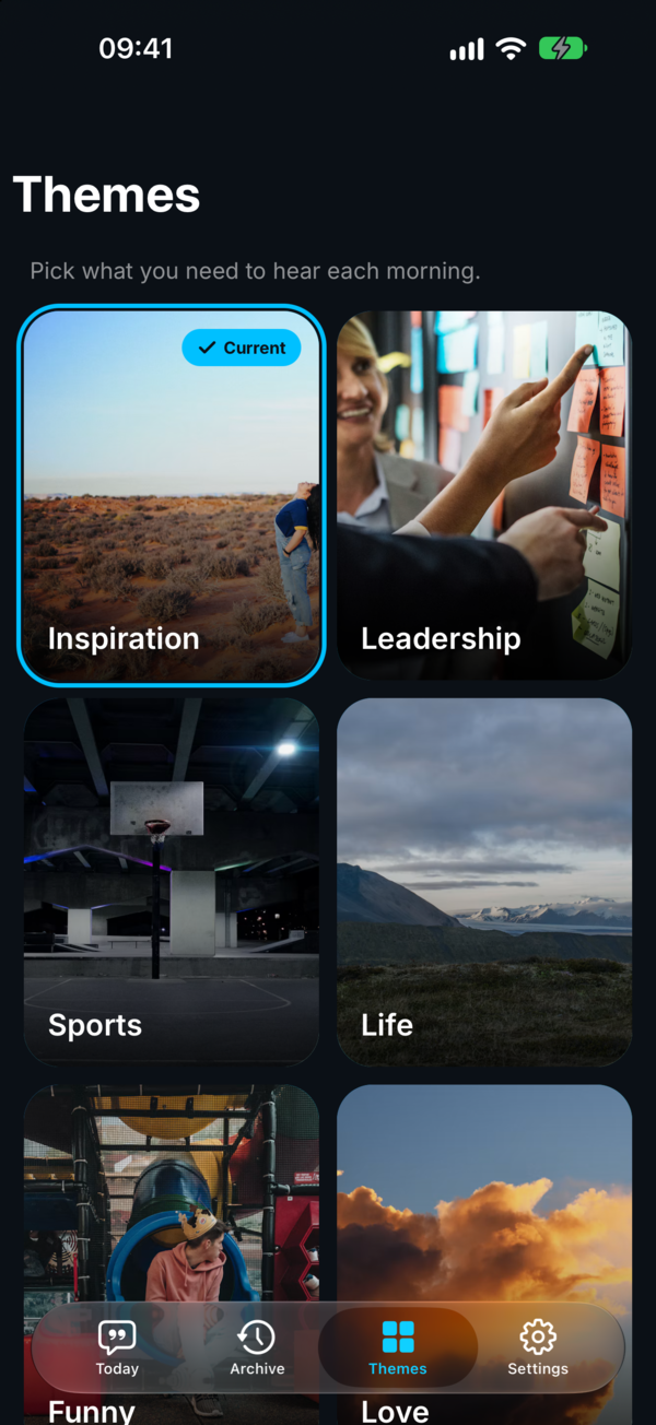 BeWise Themes screen with a grid of quote categories